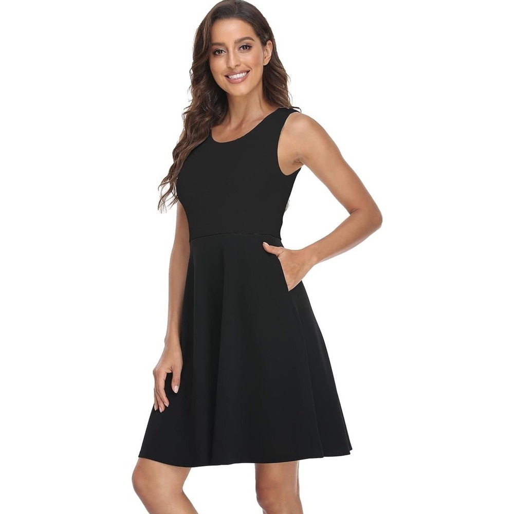 Black Lace Bodice Fit and Flare Sleeveless Cocktail Dress with Pockets Large